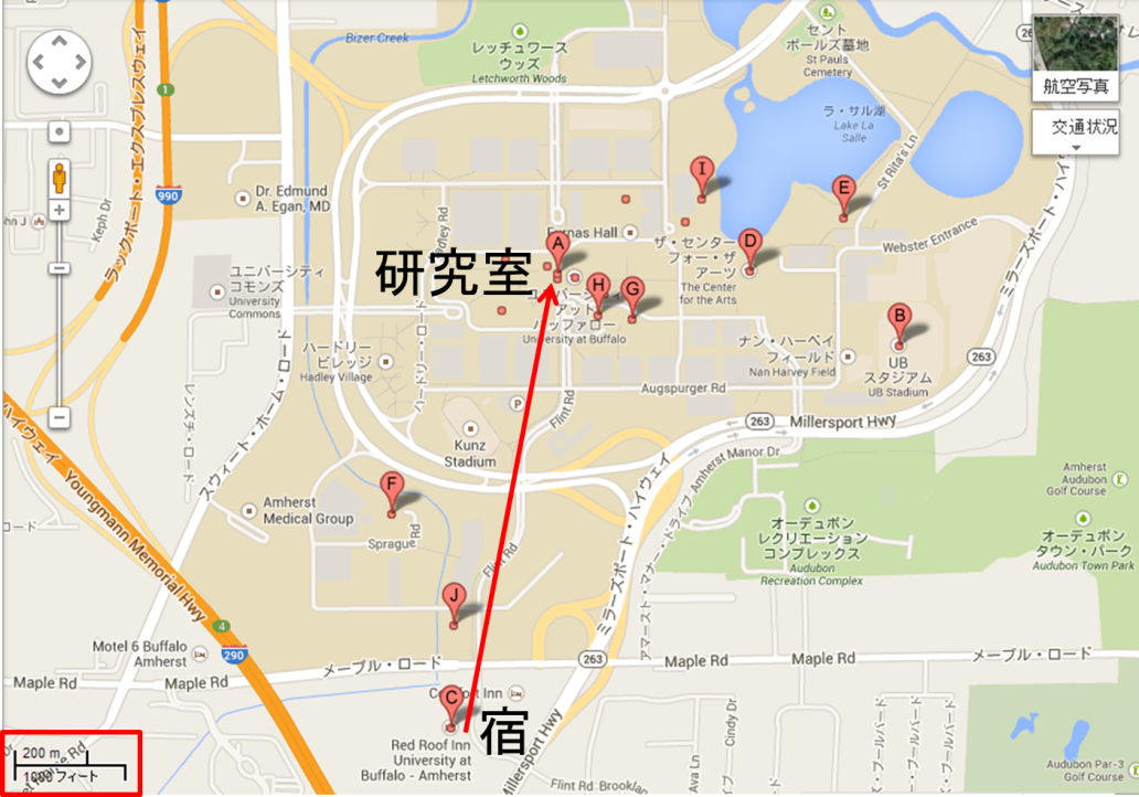 宿から研究室までは、徒歩で約20分を要する（左下の縮尺に注目）。